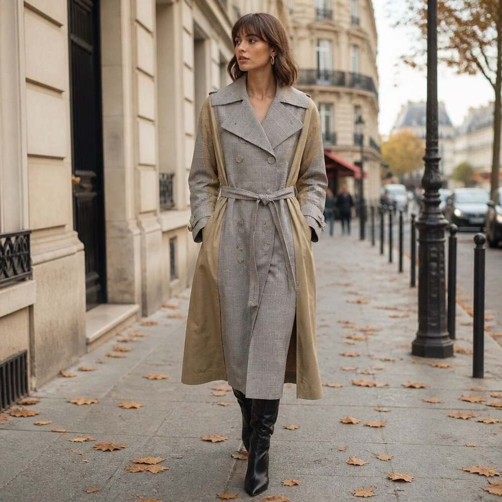 Zara Contrast Houndstooth & Beige Trench Coat
